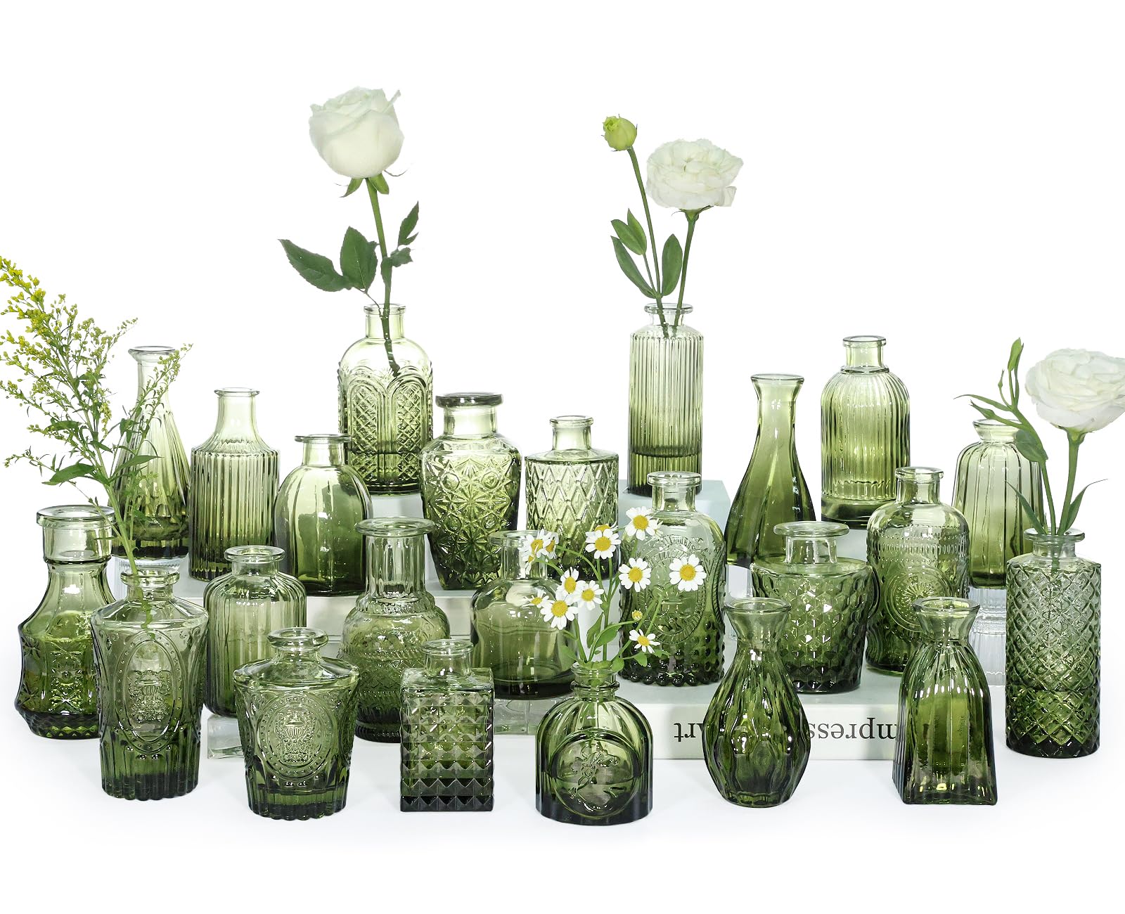 SUPMIND Bud Vase Set 24 in green glass with vintage etched patterns for elegant centerpieces