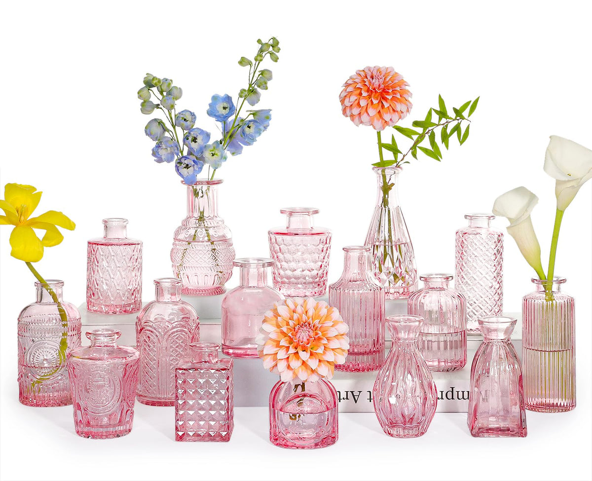 SUPMIND glass bud vase set 16 pink, perfect for elegant table centerpieces.
