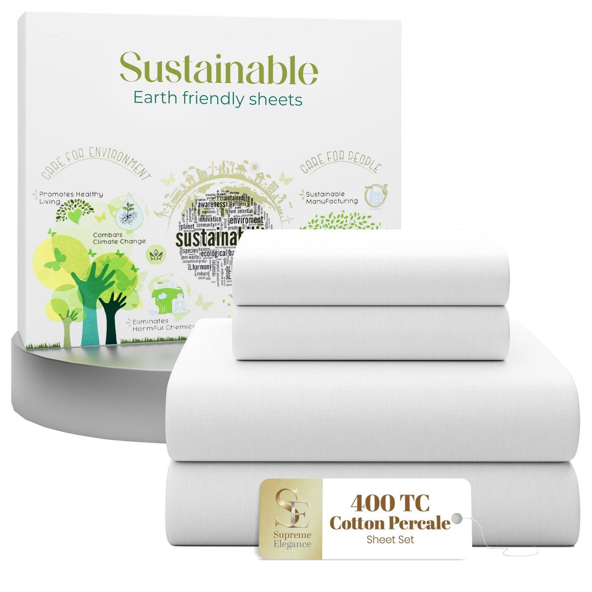 Supreme Elegance 4pc queen set in snow white percale offers cooling, crisp comfort.