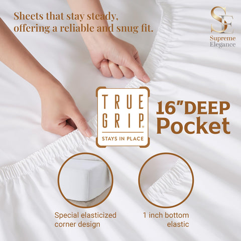 Supreme Elegance queen deep-pocket fitted sheet fits up to 18 inches securely.