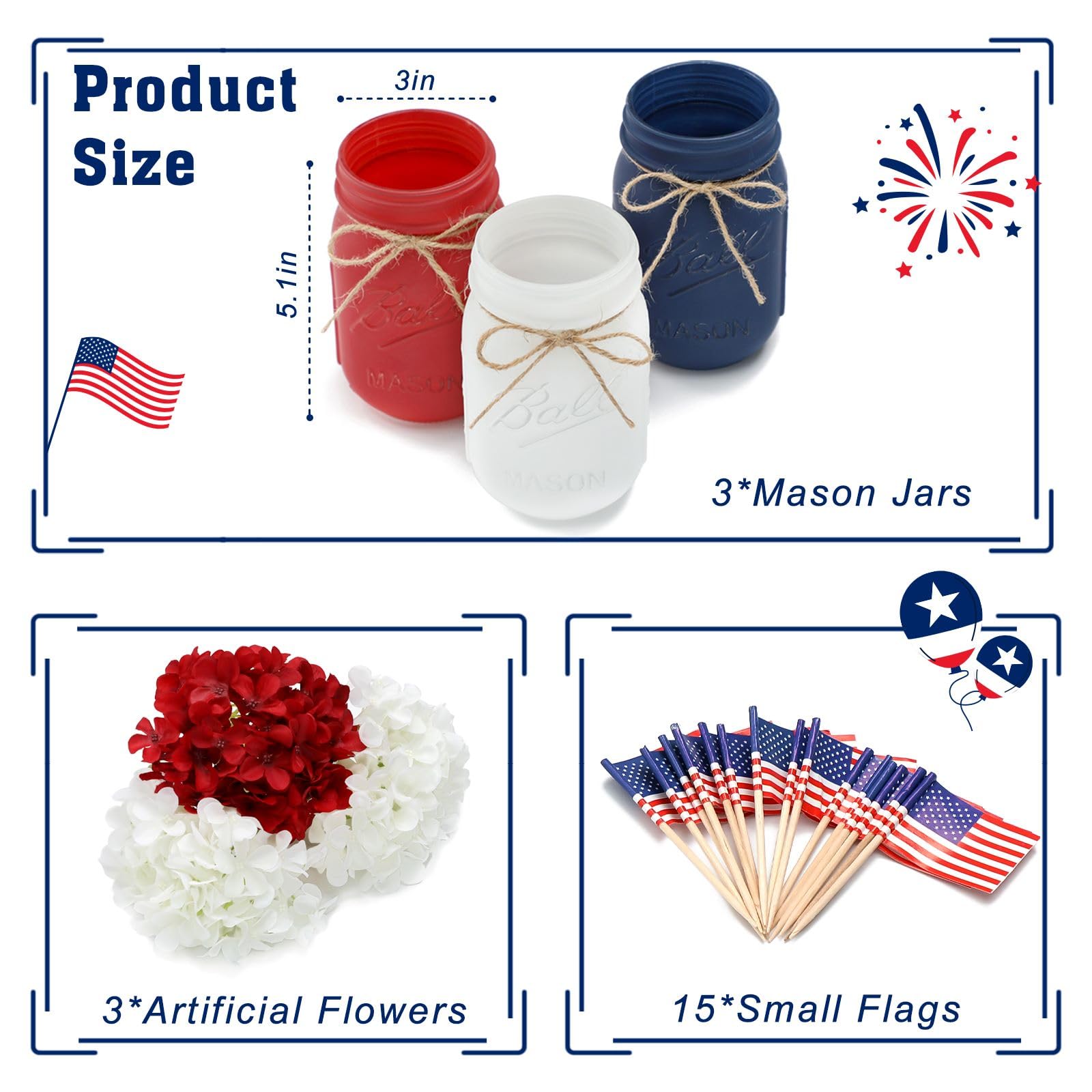 Patriotic mason jar decor with red, white, and blue accents