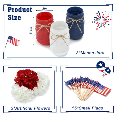 Patriotic mason jar decor with red, white, and blue accents