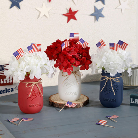 Supreme Lights patriotic mason jar centerpiece with colorful artificial flowers