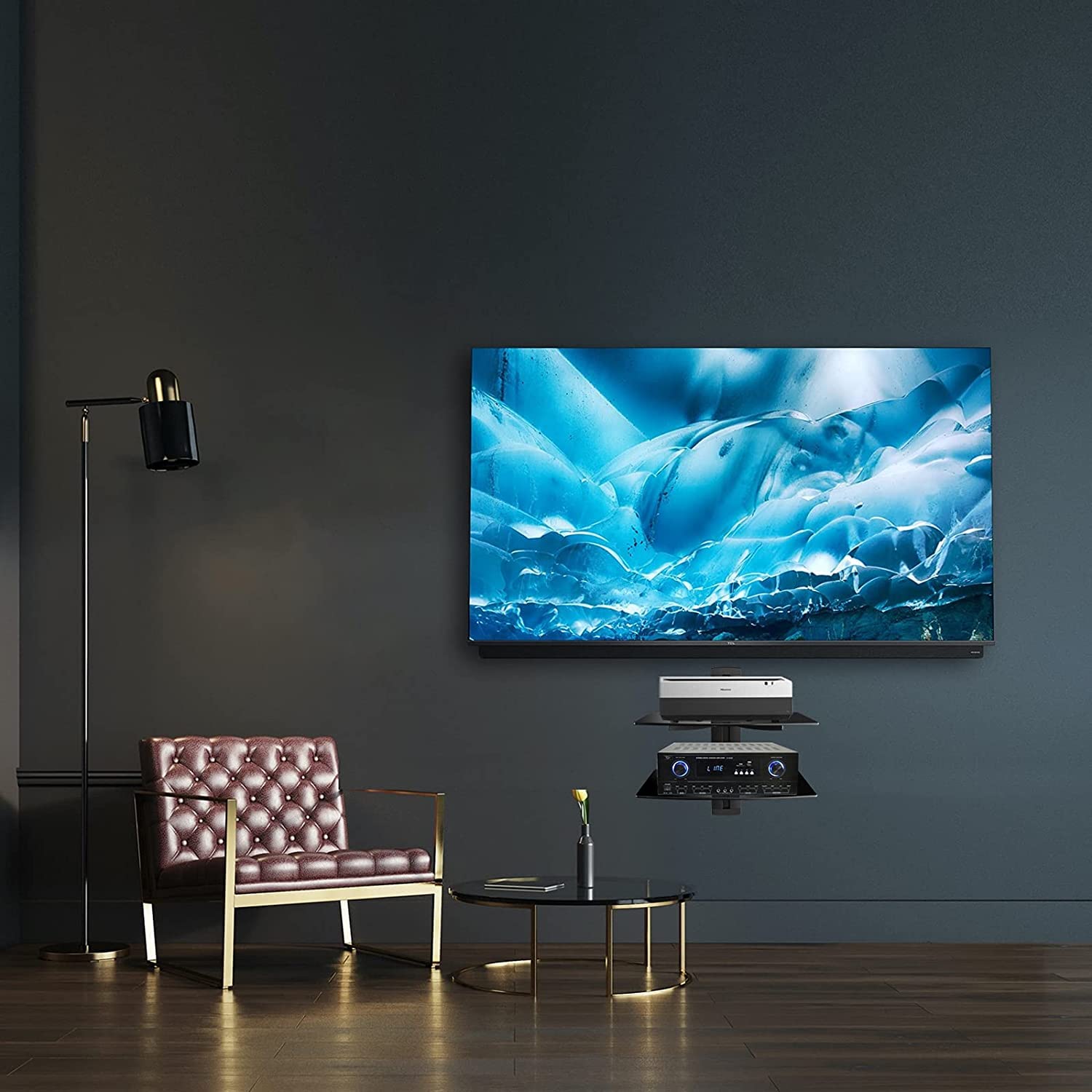 Suptek CS202 front-angle view highlights two tempered-glass shelves and clean edges
