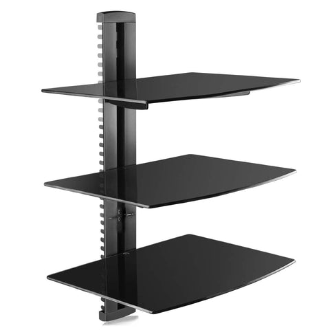 Suptek CS303 front view shows glass shelves for organized media components
