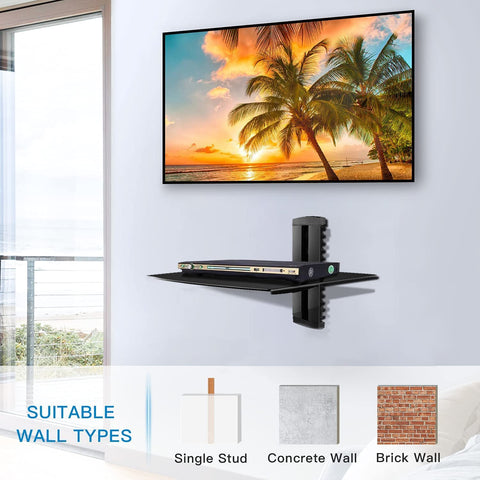 Suptek Glass Floating Shelf assembly details highlight modular brackets for easy expansion.