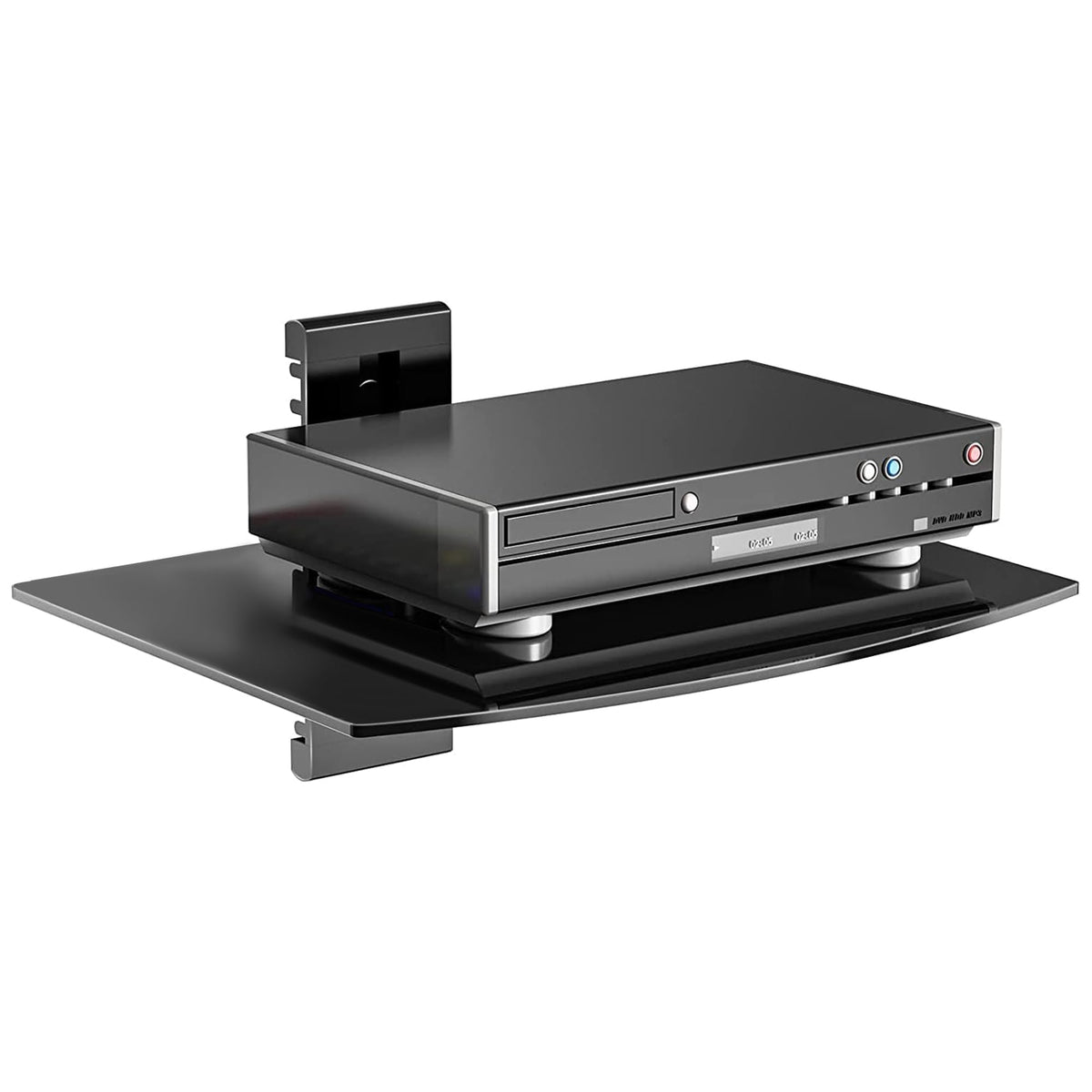 Suptek Glass Floating Shelf front view for a sleek TV setup and organized media storage.