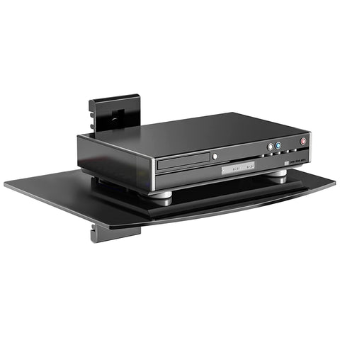 Suptek Glass Floating Shelf front view for a sleek TV setup and organized media storage.