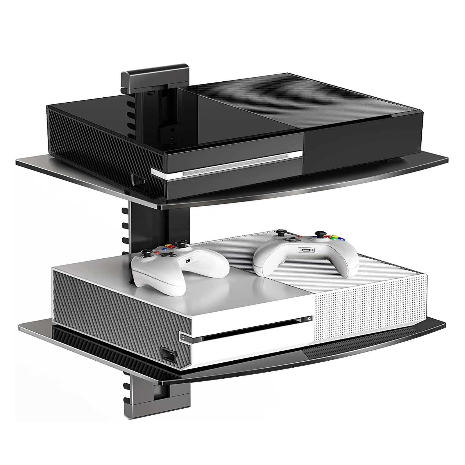Suptek glass floating shelves front view for a clean 2-tier setup.