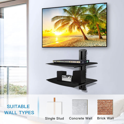 Suptek TV wall mount with shelf, side view.