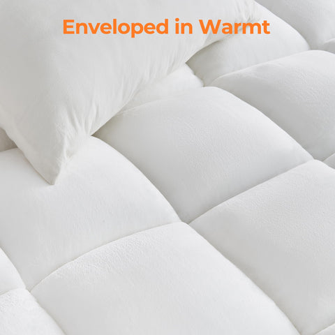 Surchic queen size topper on bed maintains a neat tailored look