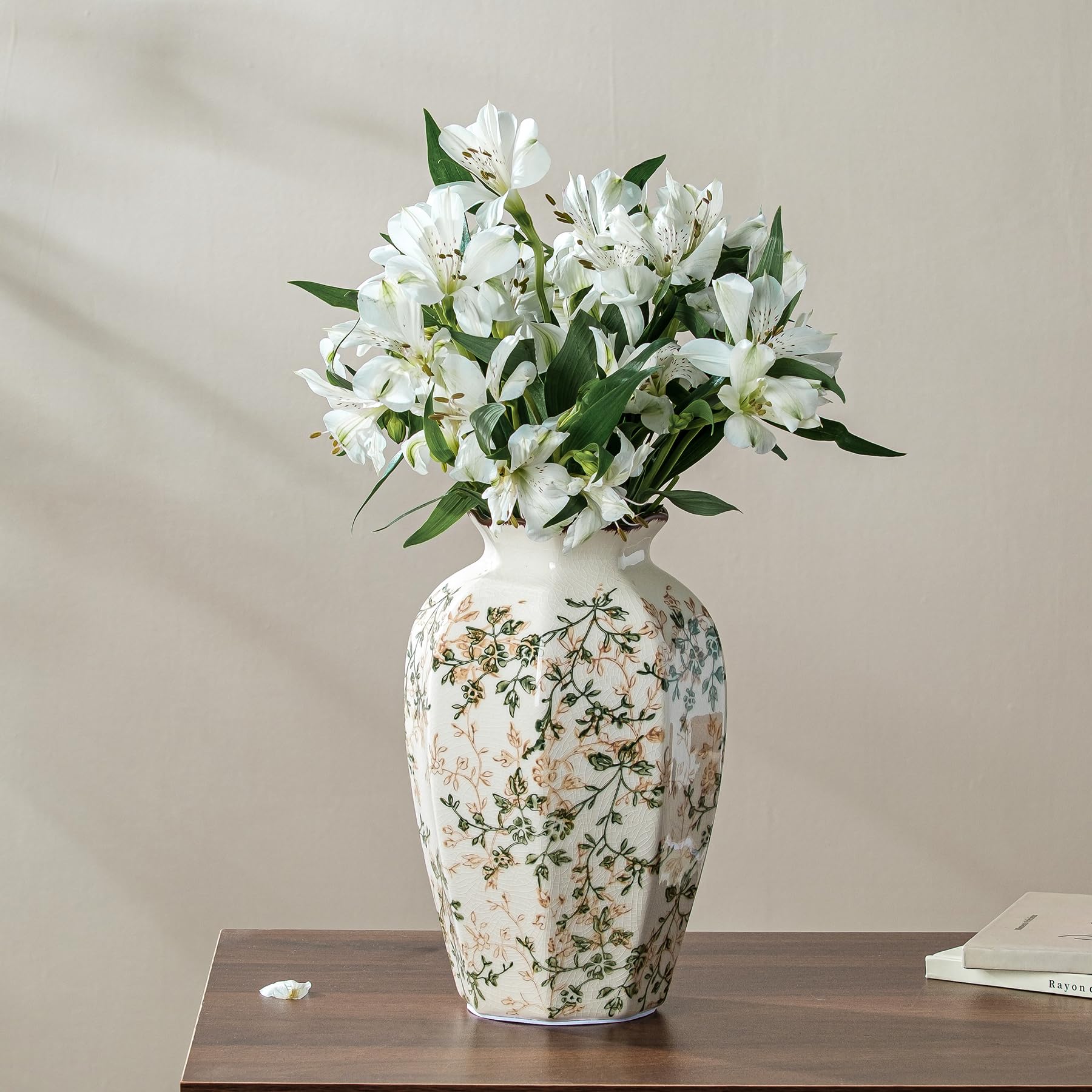 SURE YUESI green beige chinoiserie floral vase, side view, enhances rustic farmhouse ambiance.