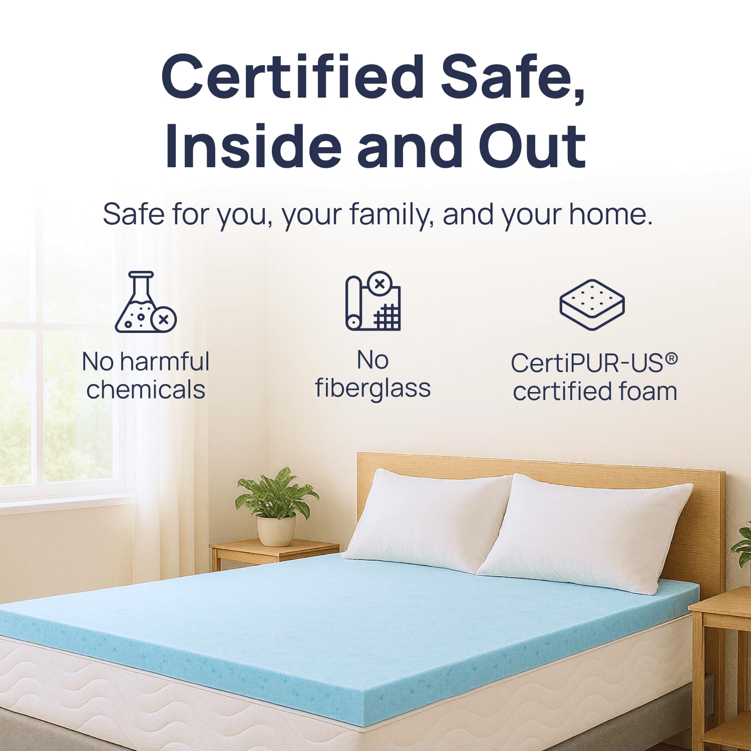 Sure2Sleep CertiPUR-US certification label visible on topper.