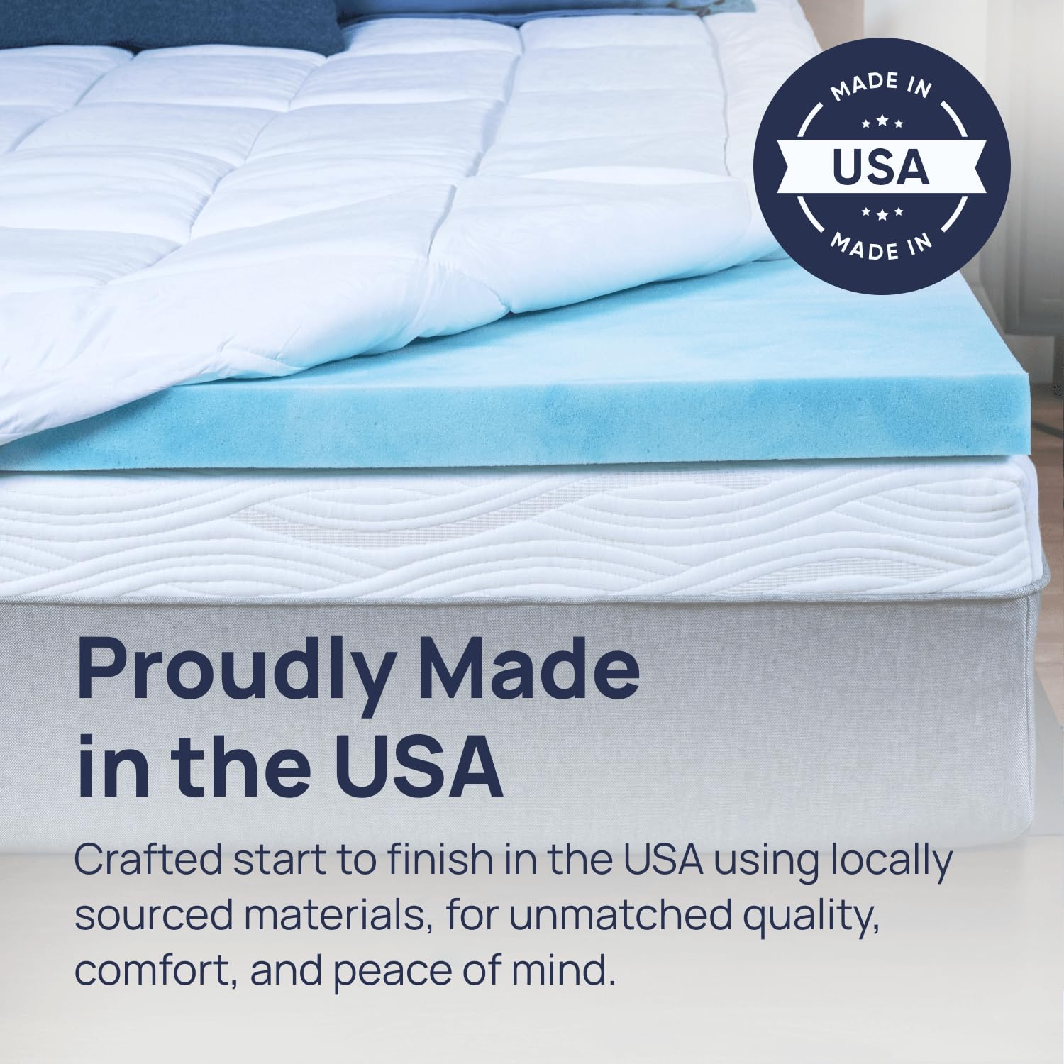 Sure2Sleep Gel Swirl Topper USA-made label on packaging.