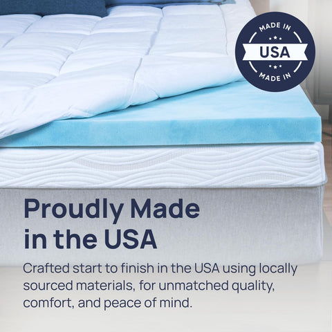Sure2Sleep Gel Swirl Topper USA-made label on packaging.