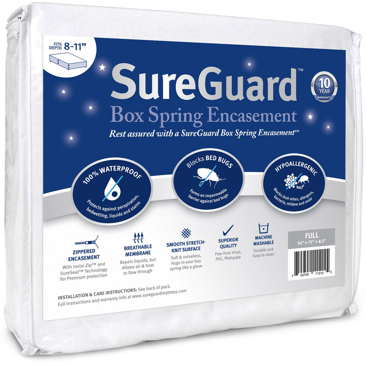 SureGuard full-size box spring encasement waterproof cover protects against spills.