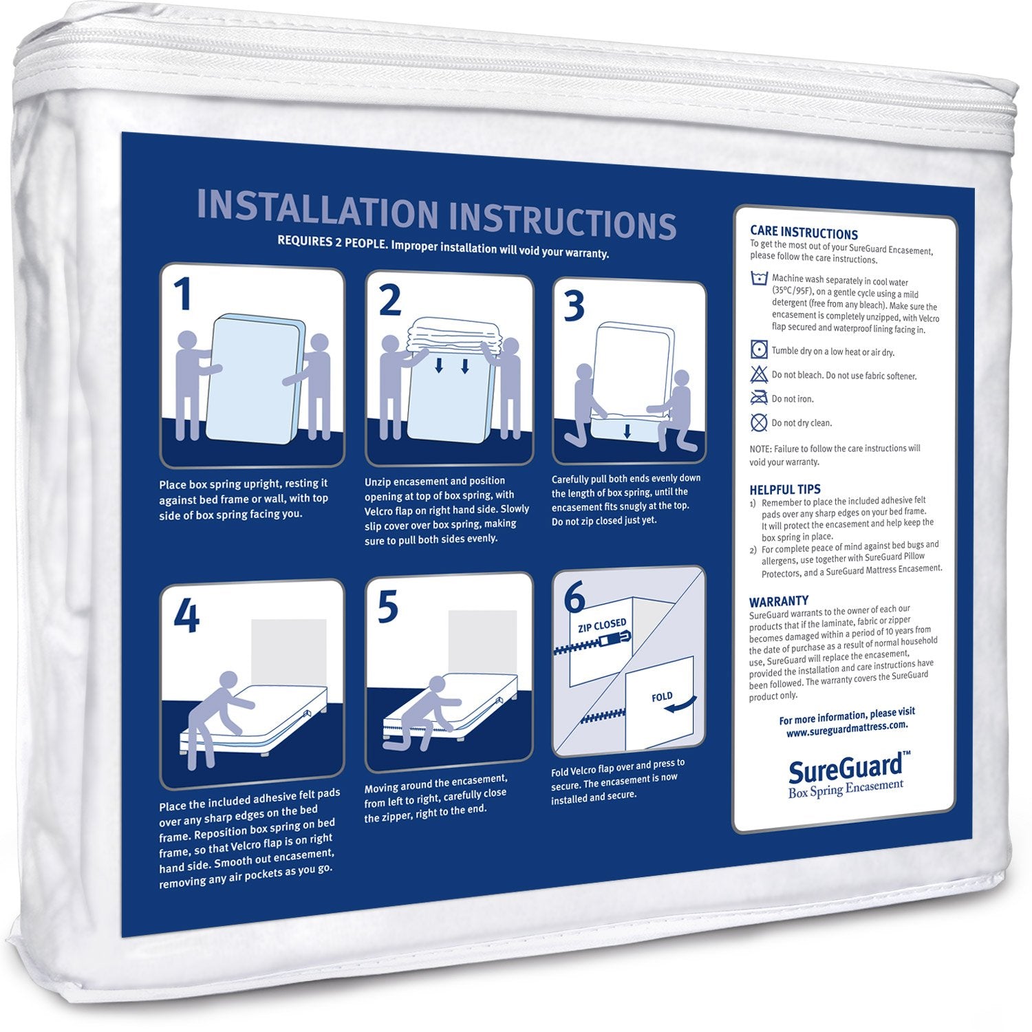 SureGuard encasement shows Invisi-Zip and SureSeal bed bug protection.