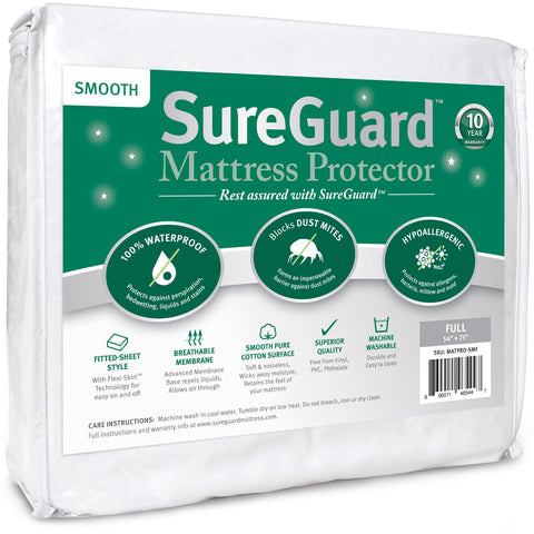SureGuard full-size mattress protector top view with a smooth cotton surface for spill protection.