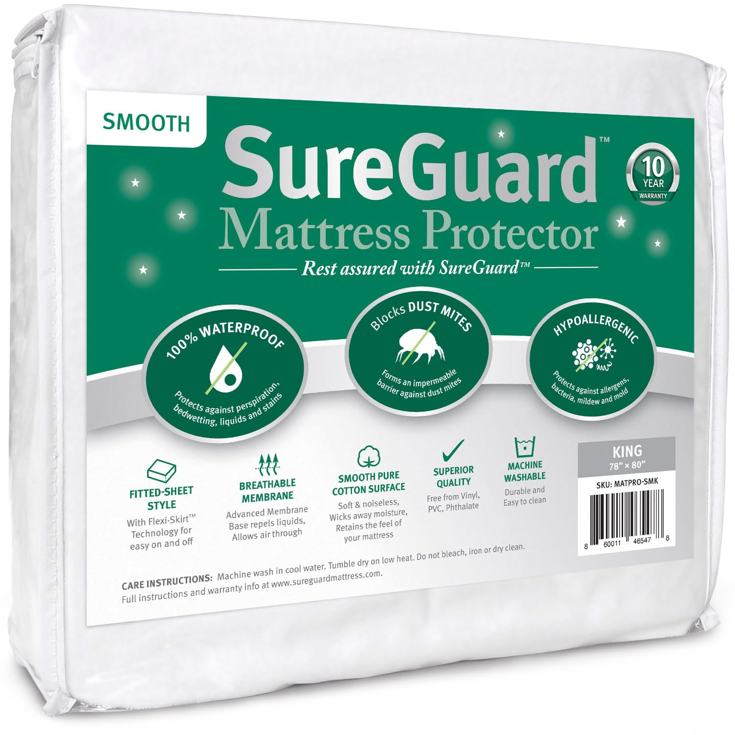 SureGuard King Size Mattress Protector with waterproof top defends against spills and stains.