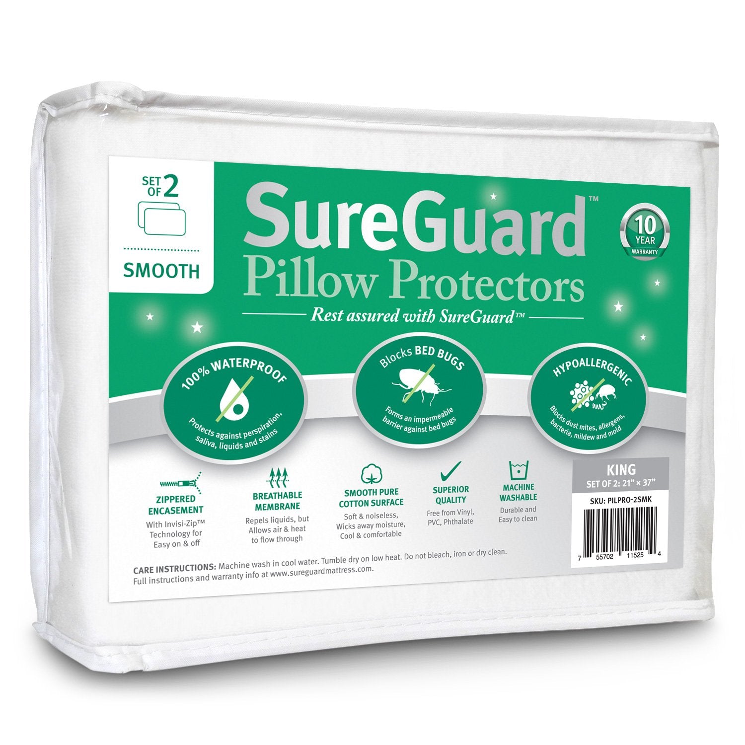 SureGuard king size pillow protectors two-pack packaging shows durable spill protection.