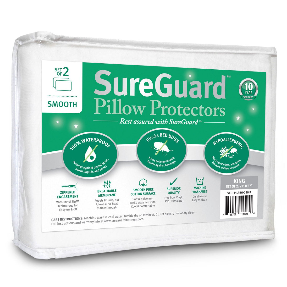 SureGuard king size pillow protectors two-pack packaging shows durable spill protection.