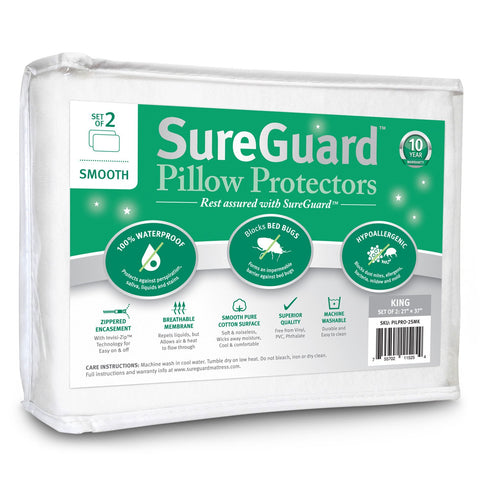 SureGuard king size pillow protectors two-pack packaging shows durable spill protection.