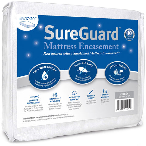 SureGuard queen encasement front close-up with six-sided protection against spills and stains