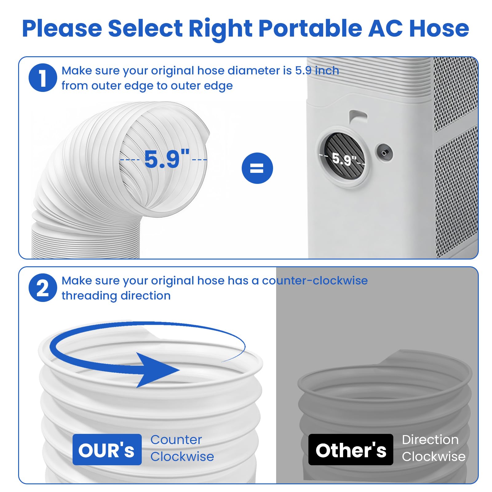 SUREPHON AC hose with 5.9 inch anti clockwise thread for universal compatibility.