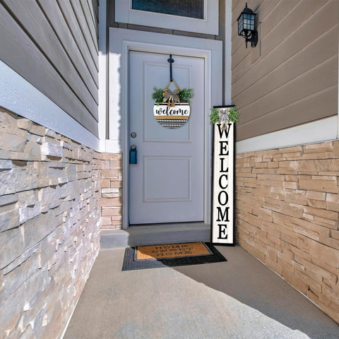 Surfapans vertical welcome sign black wood frame for outdoor wall.
