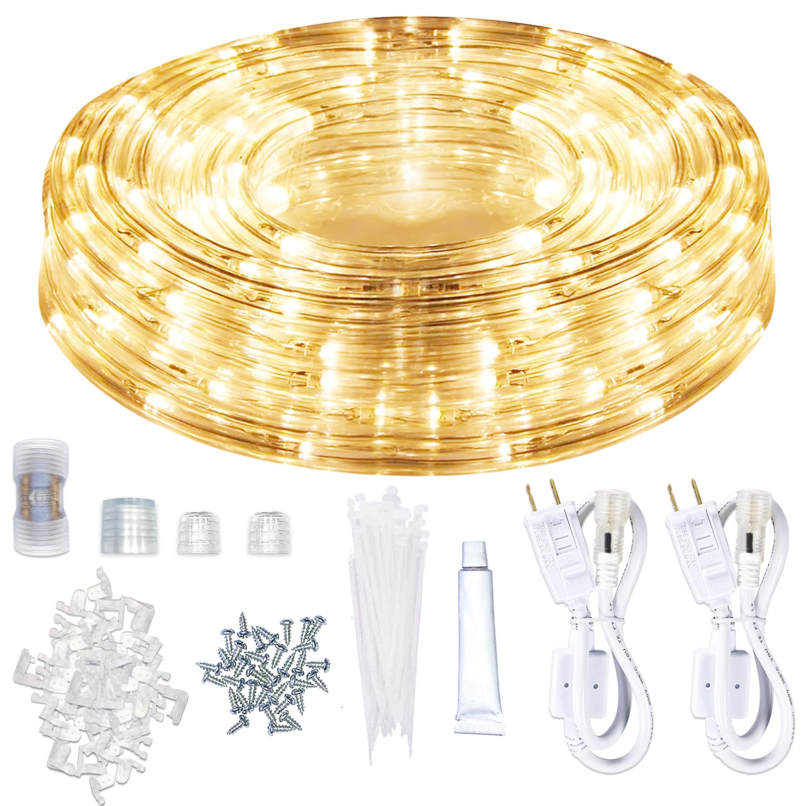 SURNIE LED rope lights illuminate patios and trees with warm white glow.