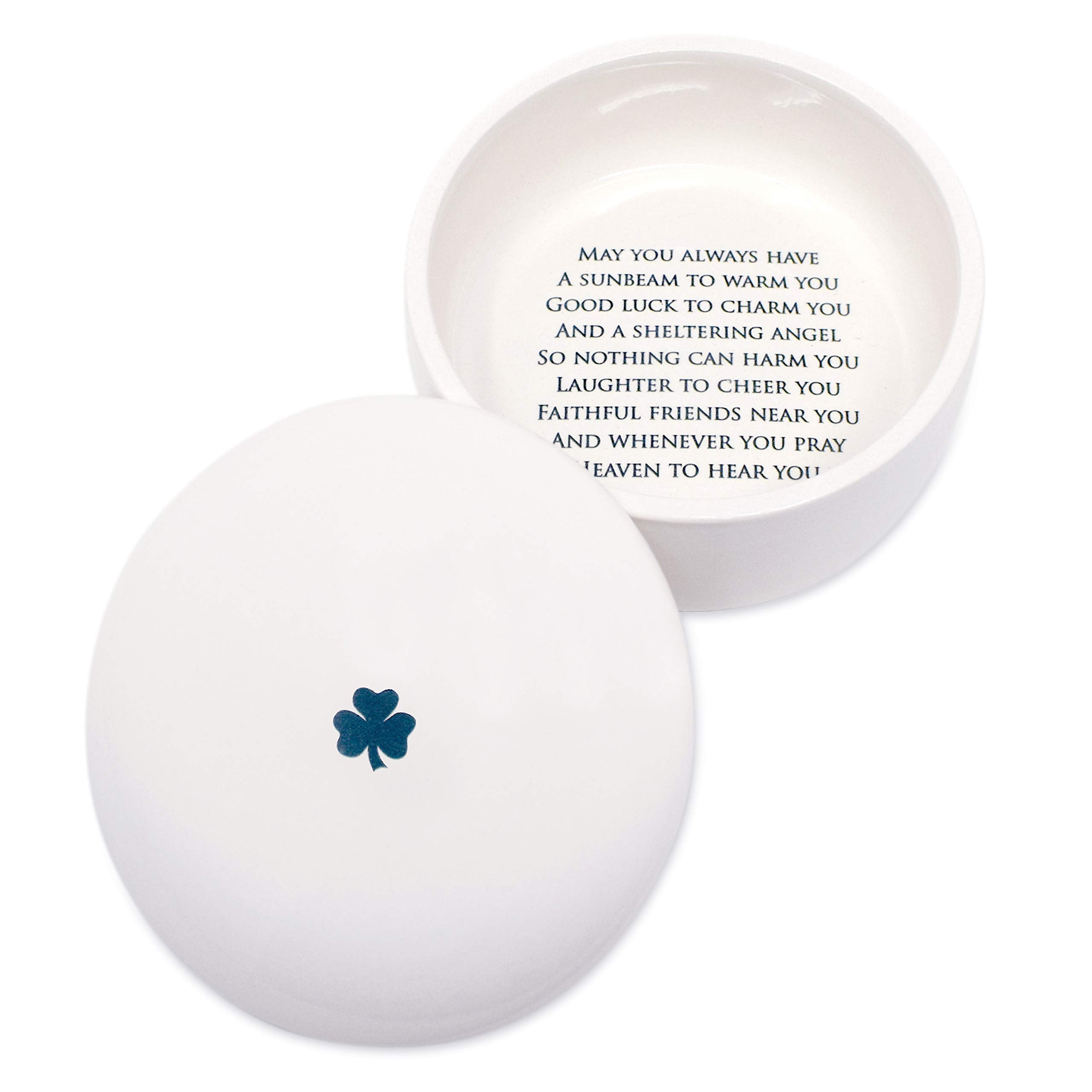 Susabella round keepsake box with shamrock top for baptism keepsake