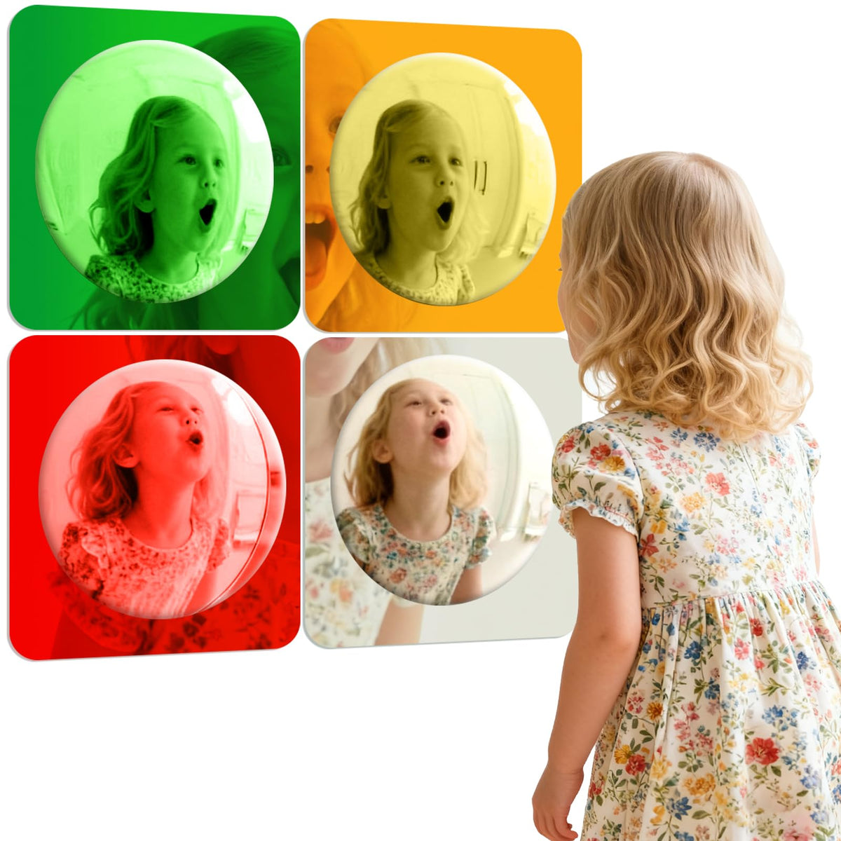 Suteng sensory bubble mirror red 10x10 invites playful exploration with distorted reflections.