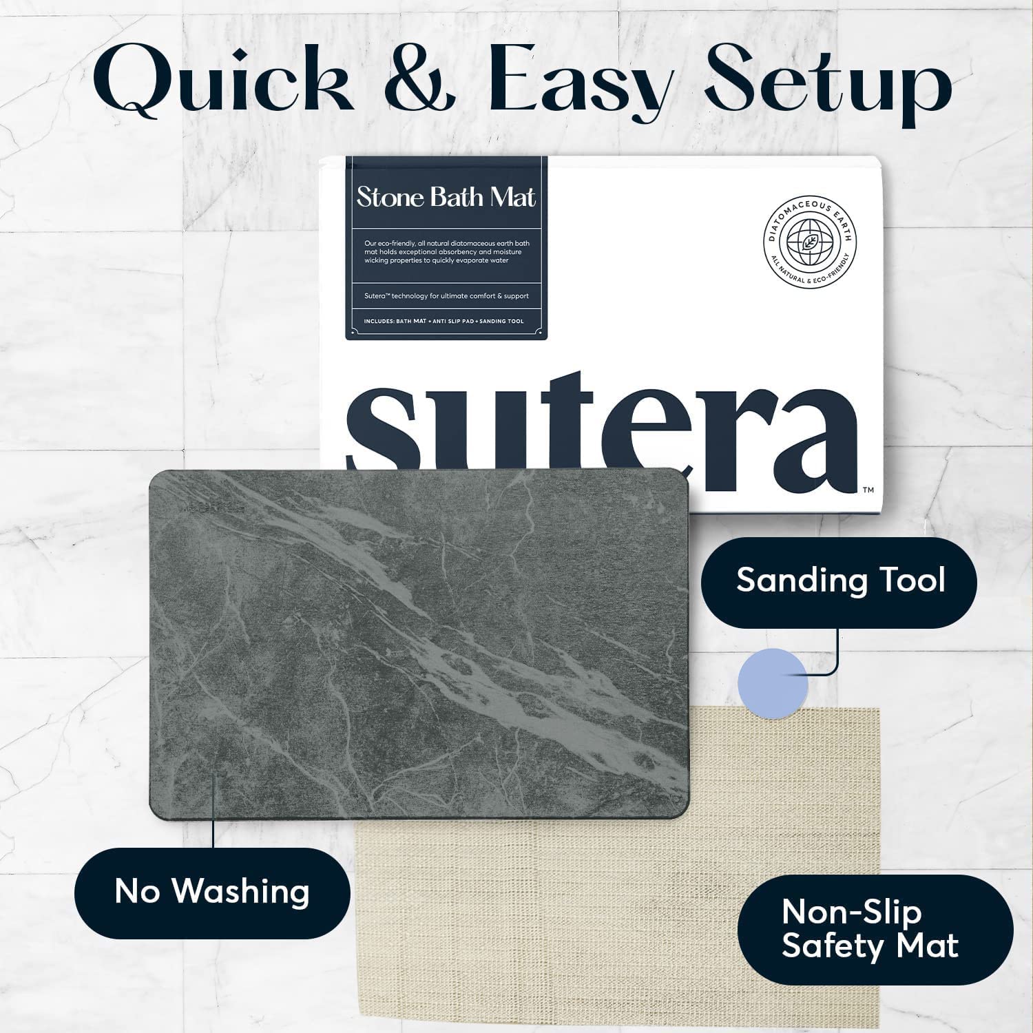SUTERA Stone Bath Mat with diatomaceous earth core emphasizing eco-friendly design.