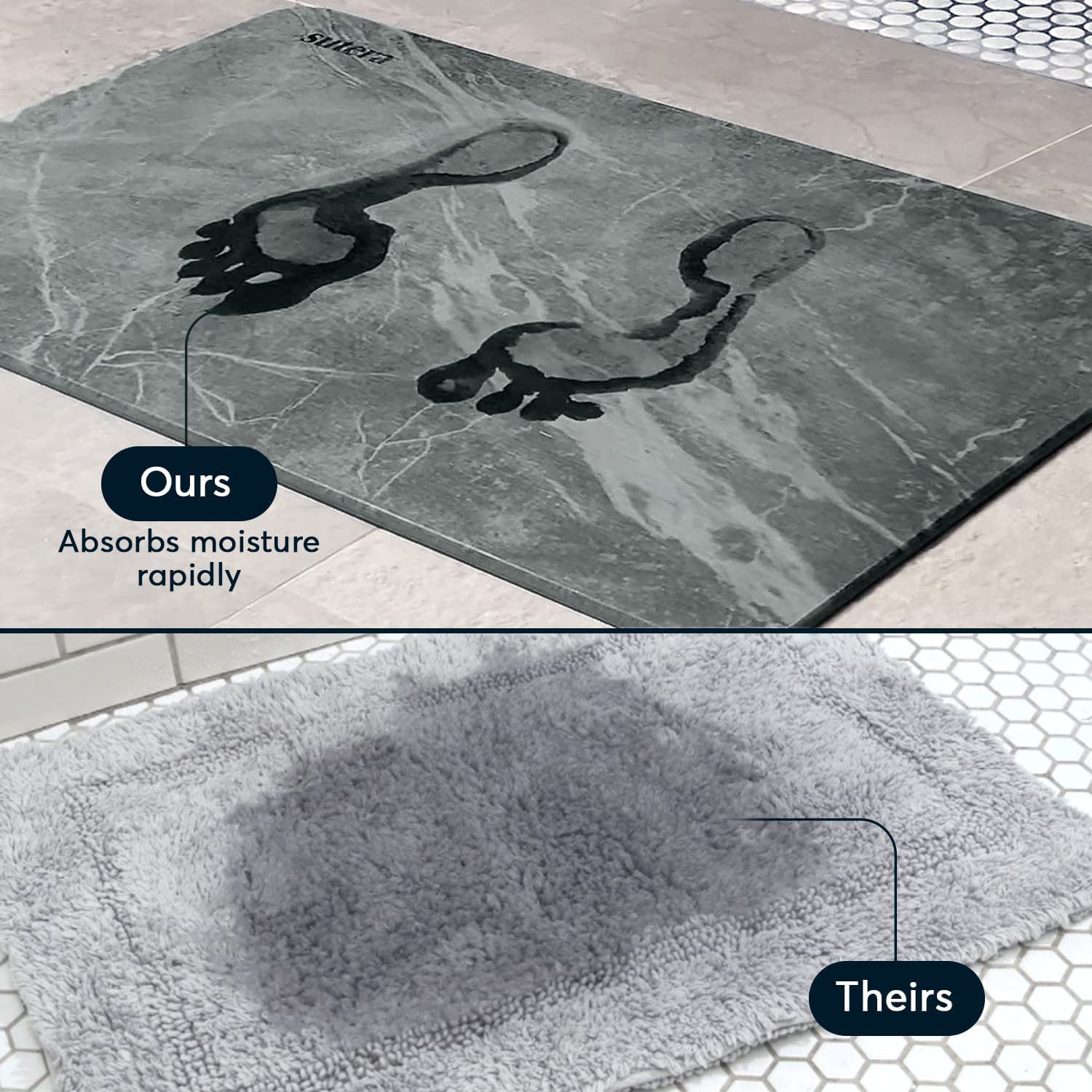 SUTERA Stone Bath Mat in laundry or mudroom setting demonstrates easy cleaning.