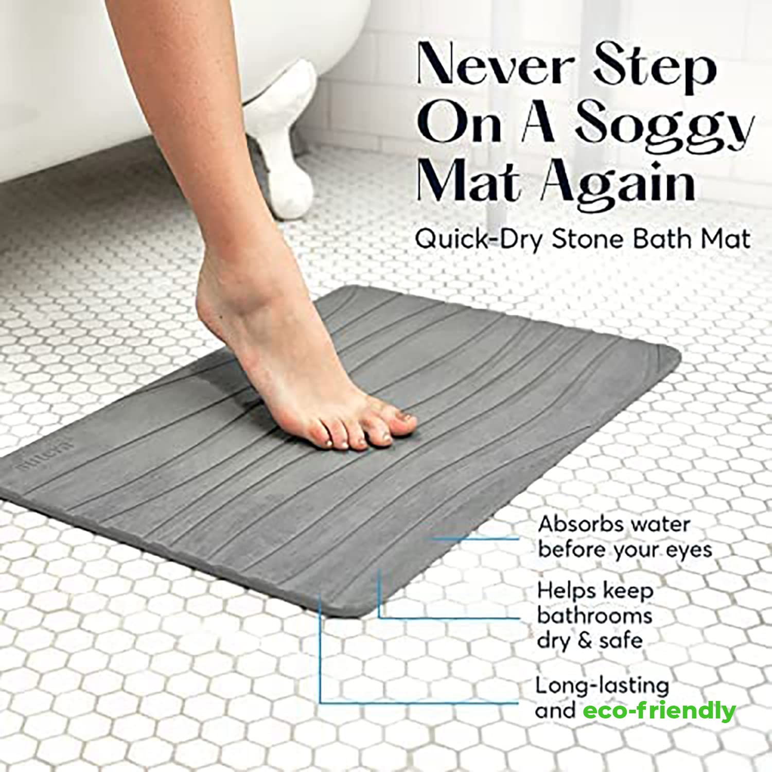SUTERA Stone Bath Mat non-slip bottom provides safer footing on wet tiles.