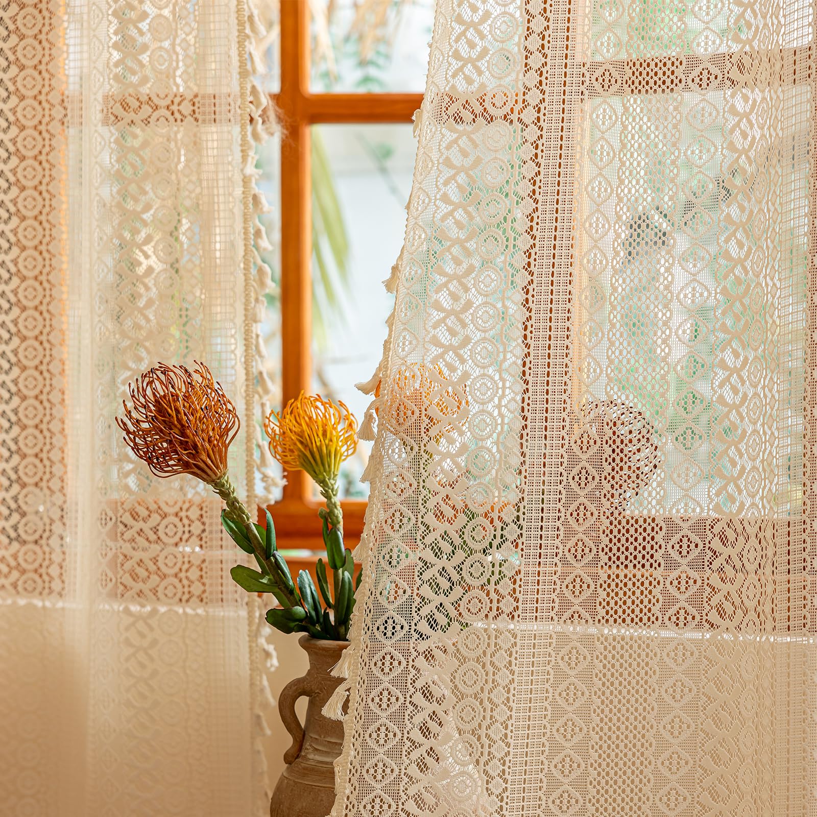 Sutuo Home beige boho lace curtains 84in long drape softly in living rooms.