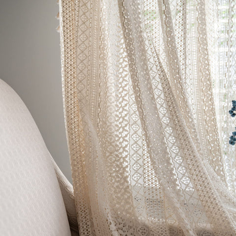 Sutuo Home tassel detail on boho lace curtain adds handcrafted charm and subtle movement.