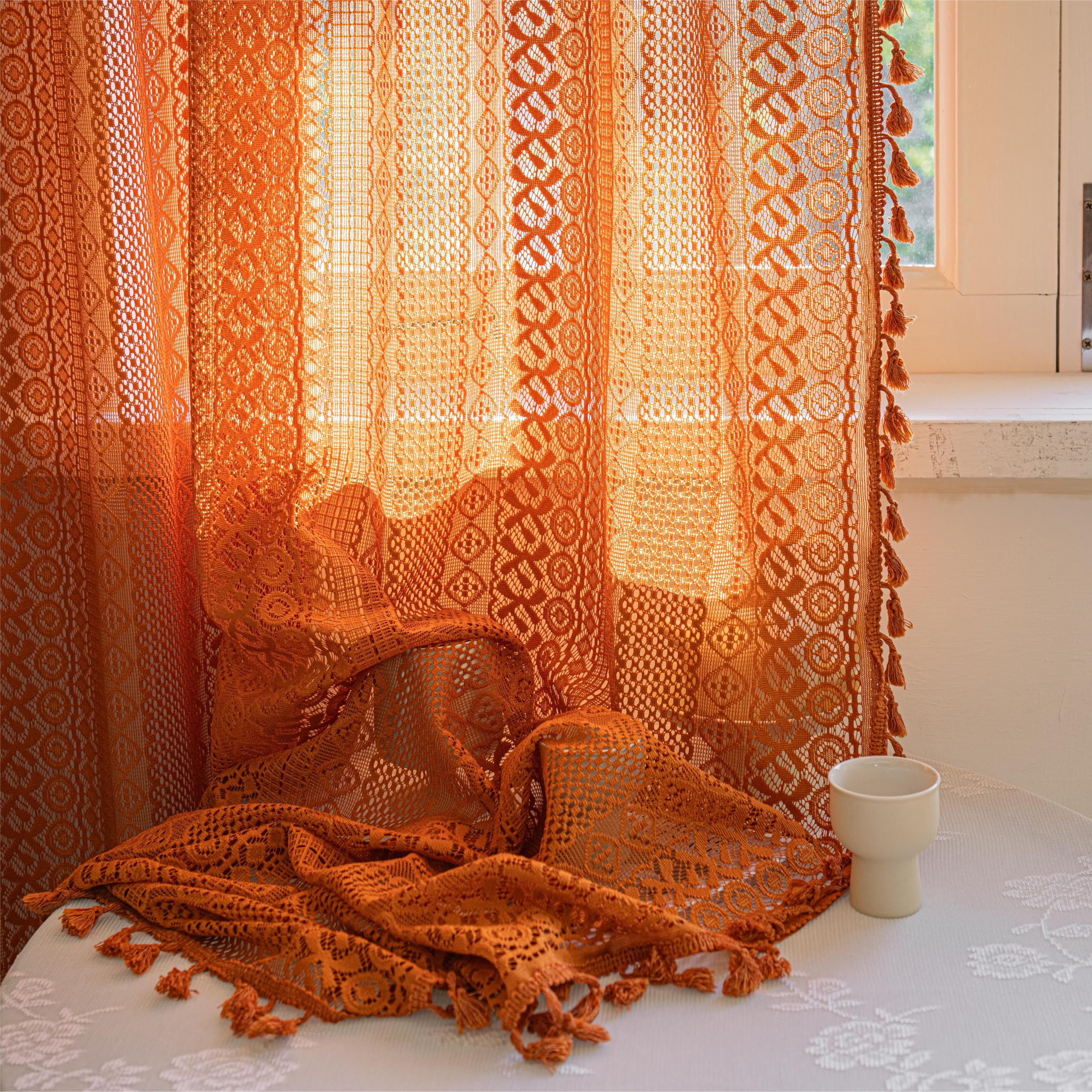 Sutuo Home bohemian window treatment filters light while preserving privacy.