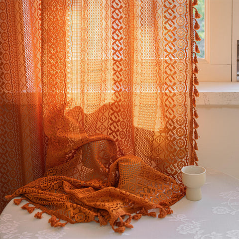 Sutuo Home bohemian window treatment filters light while preserving privacy.