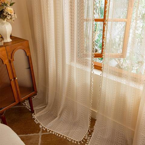 Sutuo Home crochet macrame tassel curtains add vintage charm.