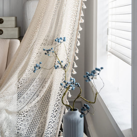 Sutuo Home living room setup with beige boho lace curtains creating warm atmosphere.