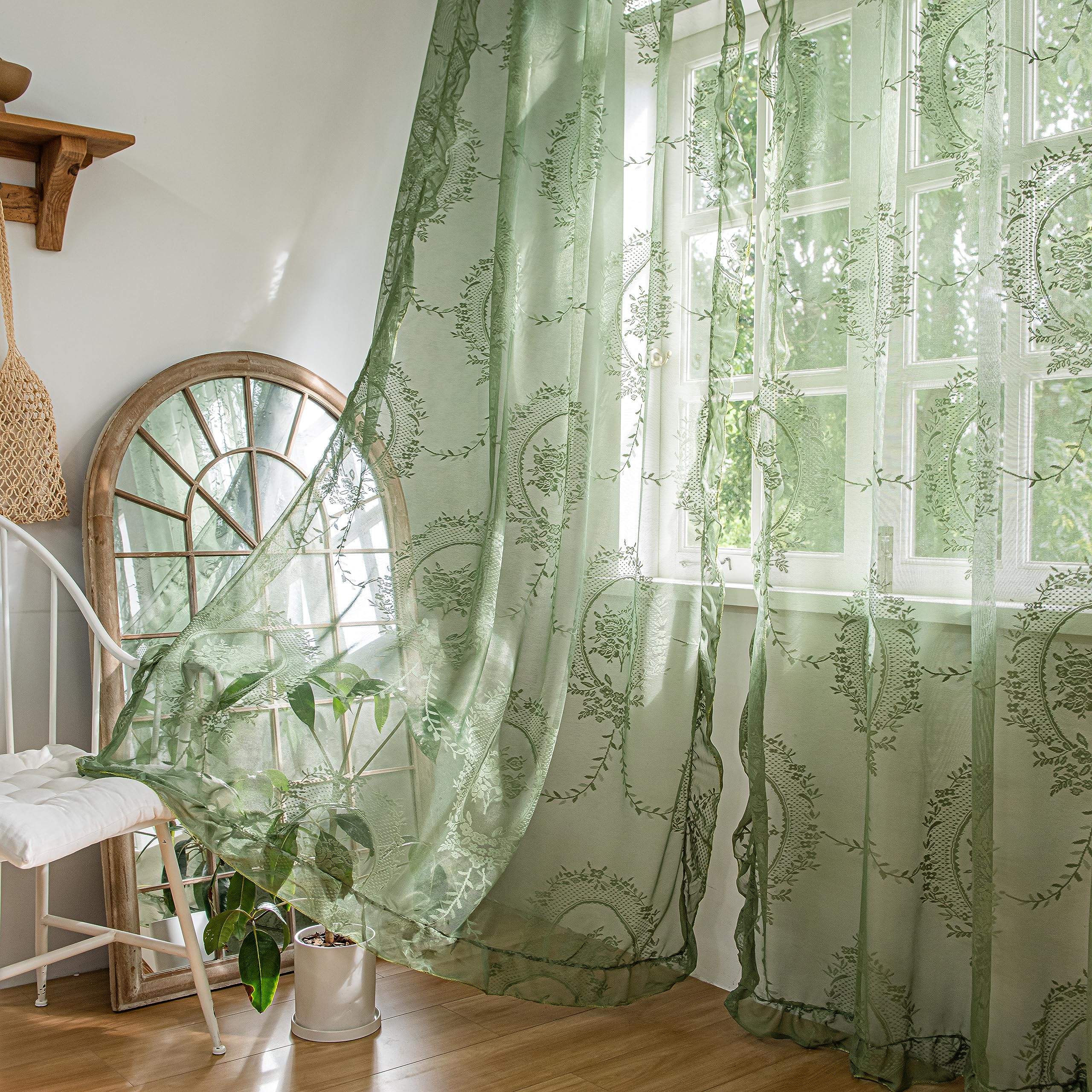 Sutuo Home olive green lace curtains 84in long for airy privacy in living rooms.