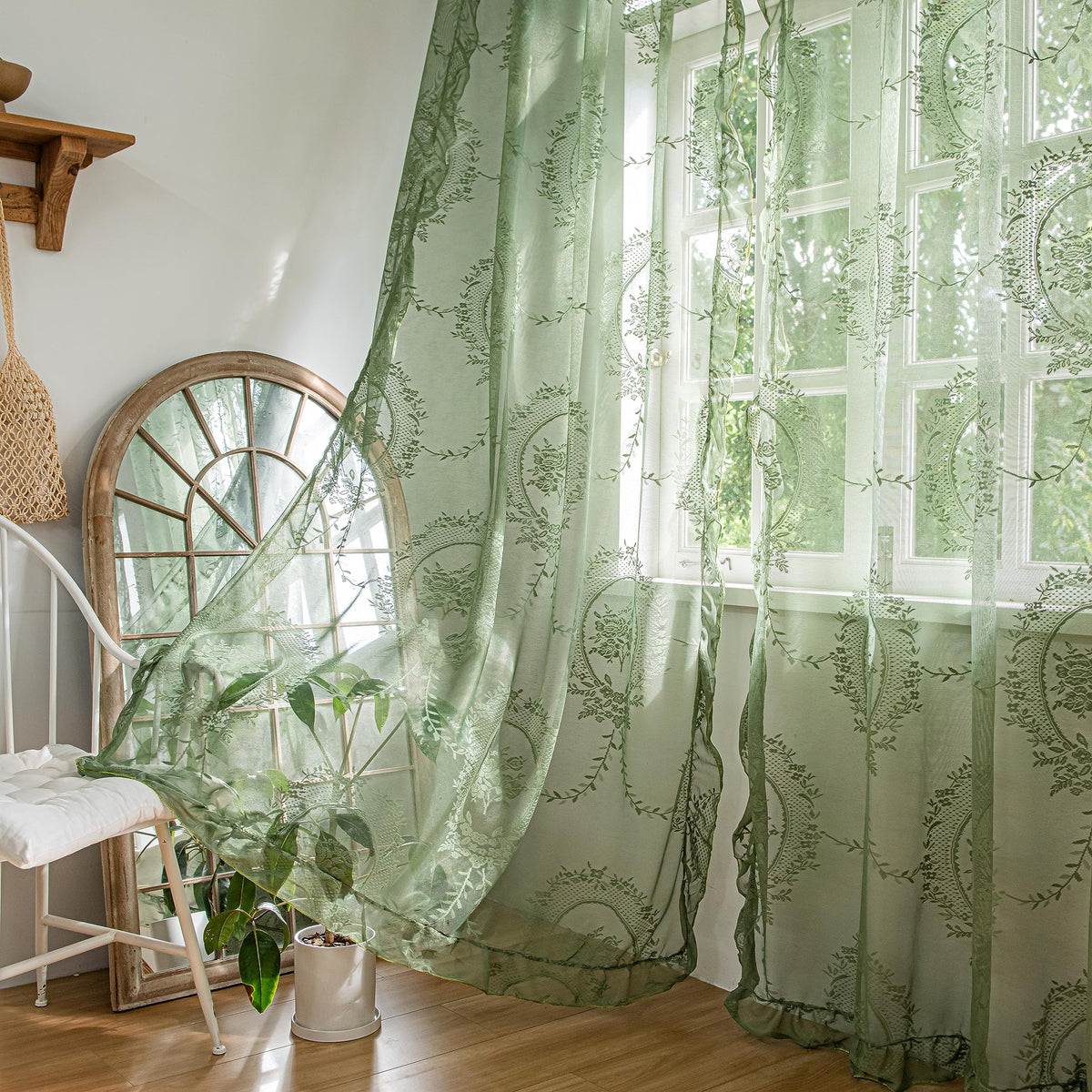 Sutuo Home olive green lace curtains 84in long for airy privacy in living rooms.