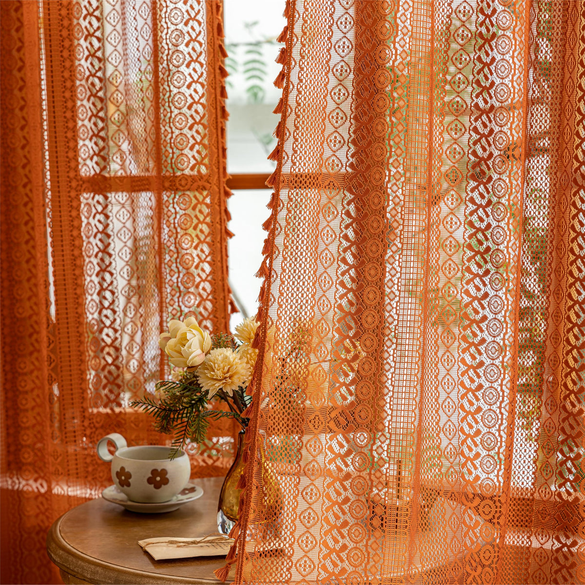 Sutuo Home Terracotta Boho Lace Curtains front view show warm color and airy texture for privacy.