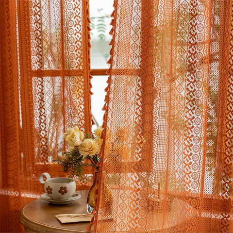 Sutuo Home Terracotta Boho Lace Curtains front view show warm color and airy texture for privacy.