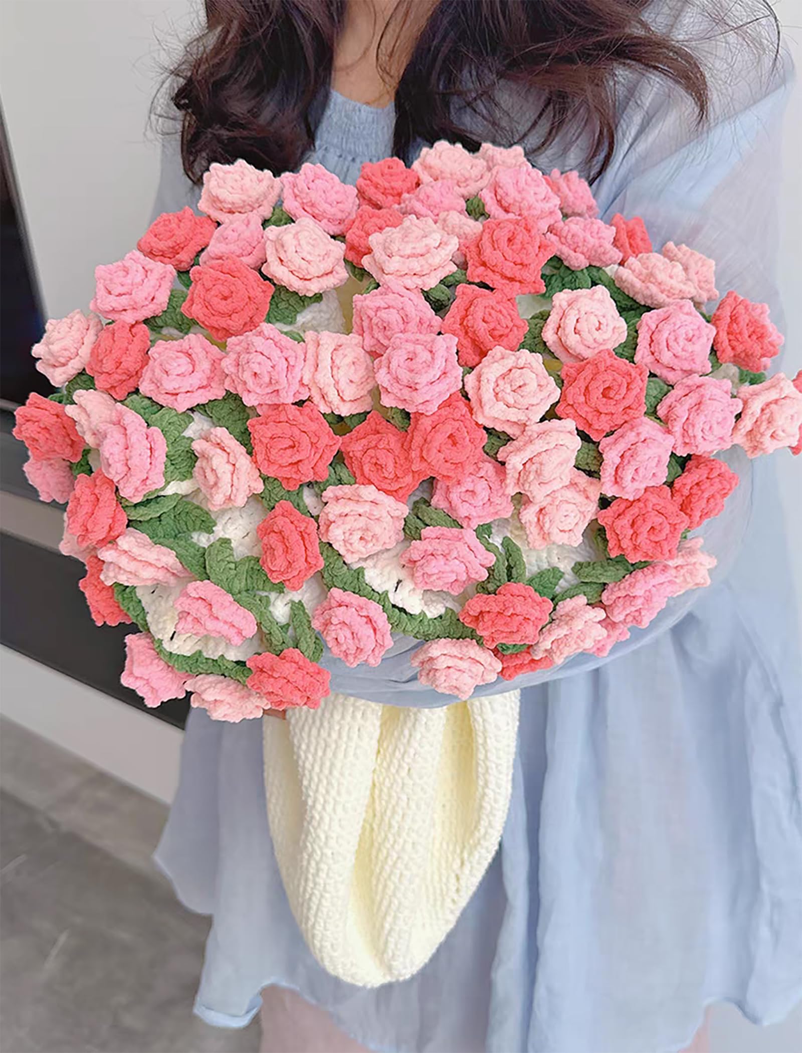 SUVEUS crochet flower bouquet blanket close-up of pink roses for cozy decor.