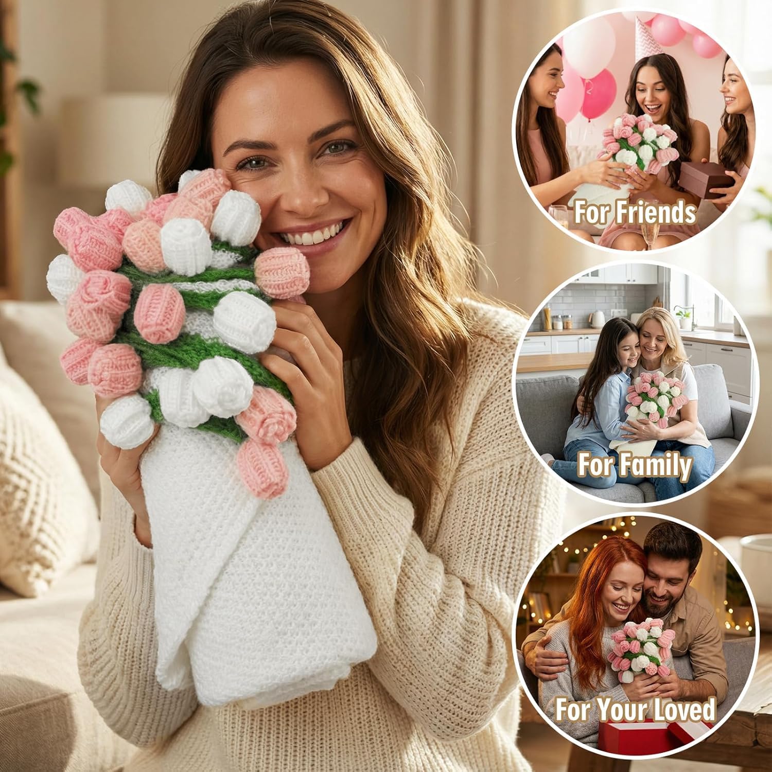 SUVEUS crochet bouquet blanket on sofa as decorative throw accent.