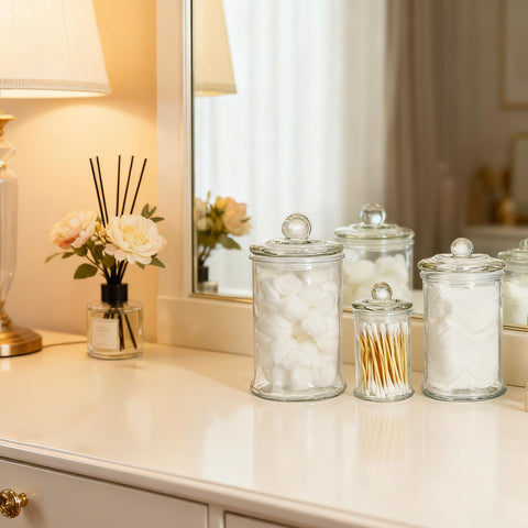 Suwimut glass apothecary jar for bath salts preserves freshness with an airtight seal.