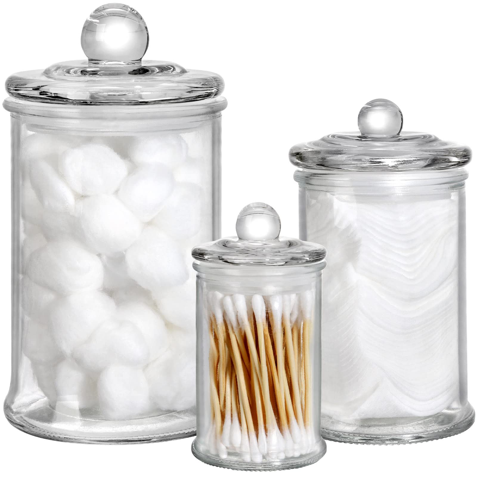 Suwimut glass apothecary jar for cotton swabs keeps vanity organized and clean.