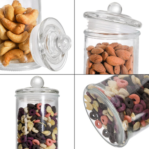 Suwimut glass apothecary jar for makeup sponges displays tools while reducing clutter.